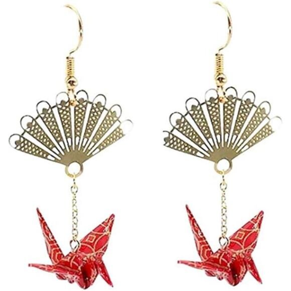 CutieJewelry Crane Origami Bird Fan Dangle Earrings - Cute Pretty Statement - Picture 6 of 6